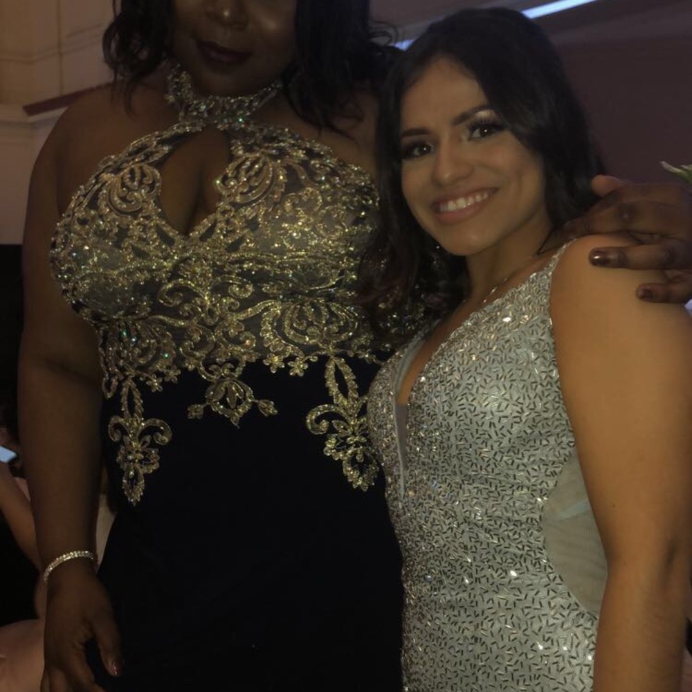 Gold appliqué beaded dress in royal blue